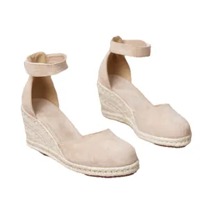 Elegantes sandalias de cuña tipo alpargata beige para mujer con punta redonda y correa
