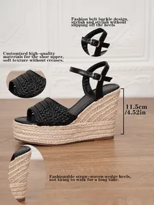Sandalias de cuña de paja negra con tira al tobillo y detalle de plataforma 11,5cm