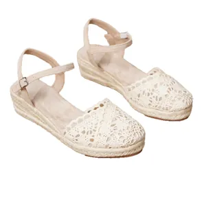 Sandalias de cuña para mujer con encaje de ganchillo y suela de esparto yute