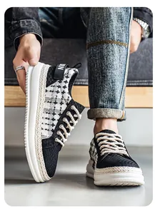 Detailed close-up view of men's woven platform sneakers with thick textured white soles