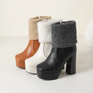 Stylish platform chunky heel ankle boots with warm fleece-lined cuffs in three colors.