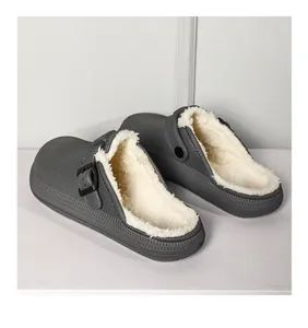 Rear view detail of men's dark grey clog slippers with soft white fleece lining