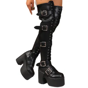 Black punk style over-the-knee platform boots with buckle straps and chunky high heels