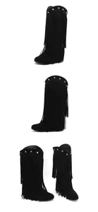Detailansicht schwarzer Wildleder-Stiefel mit langen Fransen und silbernen Sternnieten