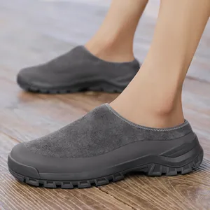 Men's comfortable gray suede slip-on clogs with thick rubber sole for outdoor wear