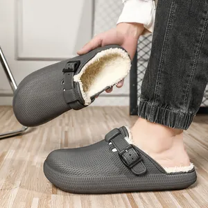Warm grey men's fur-lined clogs with non-slip platform and adjustable strap