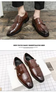 Detail view of brown double monk strap shoes with glossy leather texture and buckles.