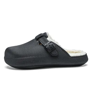 Stylish men's warm black clogs with white fleece lining and thick non-slip sole for winter