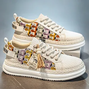 Men's Platform Sneakers Spring Summer Woven Fabric Breathable Thick Sole Work Casual Shoes Loafers With Tassel Pendant For Men