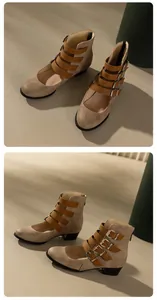Vintage beige chunky heel Mary Jane boots with multiple buckle straps and back zipper detail