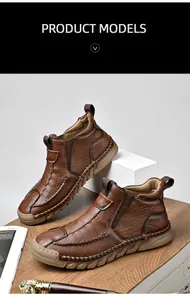 Detailed view of brown leather men's Chelsea boots featuring decorative hand-stitching