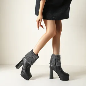Women's stylish platform block heel ankle boots with warm faux fur trim and side zipper