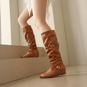 Retro brown slouchy mid-calf boots for women with buckle straps and flat soles