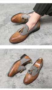 Mocasines brogue retro para hombre con borlas y detalle de tela de espiga en color gris