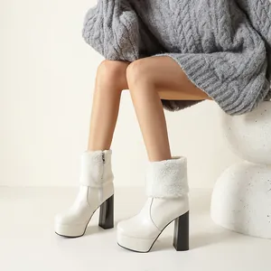 Stylish white platform ankle boots with chunky heels and cozy faux fur trim for winter fashion