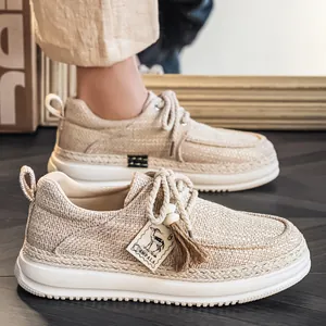 Stylish beige woven platform workwear shoes for men with breathable mesh and thick soles