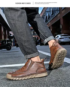 Side view detail of men's brown leather slip-on Chelsea boots with durable soft sole