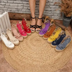 Women Western Fashion Straw Weave Wedge Sandals Fashion High Platform Jute Rope Sole Cross Strap Buckle High Heels Sandals