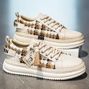 Stylish men's thick sole woven sneakers with houndstooth pattern and breathable mesh.