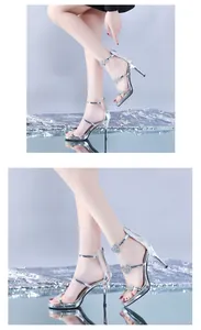 Silver stiletto sandals with heart rhinestones and platform for women fashion