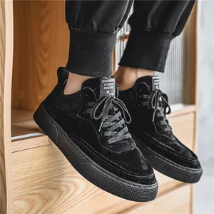 Men's Harajuku style black suede sneakers with lace-up design for daily casual wear