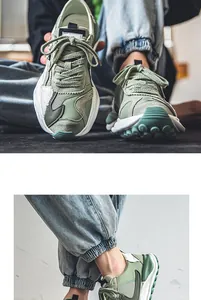 Close-up of trendy low-top patchwork sneakers with breathable mesh and thick soles