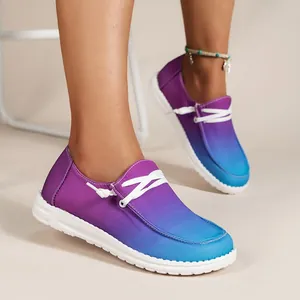 Stylish women's gradient purple-blue canvas loafers with white laces and durable flat sole