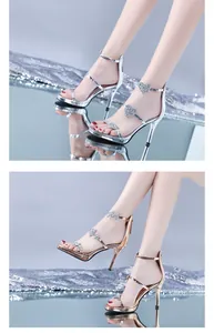 Detail of rhinestone high heel sandals with heart and star patterns on mirror surface