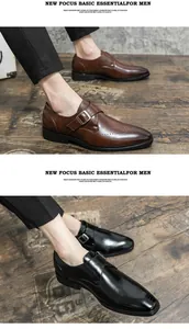 Professional detail shot of men's monk strap leather dress shoes in brown and black variants.