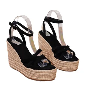 Elegant black espadrille wedge sandals with platform straw rope sole for women