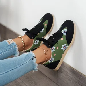 Women's Floral Print Canvas Sneakers Casual Lace-Up Flat Shoes Fashion Low-Top Sneakers Breathable Walking Shoes For Women