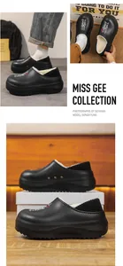 Detail shots of black winter fleece-lined clogs featuring a thick sole and cozy interior