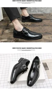 Detailed view of men's black leather monk strap shoes with square toe for business
