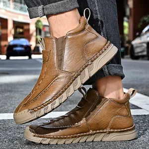Men's brown leather Chelsea boots with soft non-slip sole for outdoor casual wear