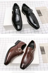 Classic men's monk strap leather dress shoes in black and brown with elegant square toe
