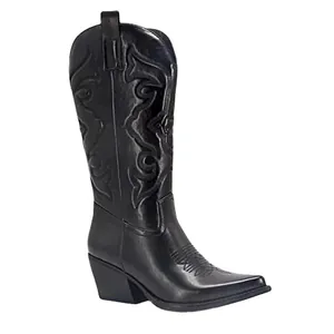 Elegant black embroidered western cowboy boots for women with pointed toe and block heel