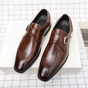 Men's British Monk Strap Dress Shoes PU Leather Brogue Carved Square Toe Business Formal Shoes Plus Size 48 Autumn Oxford Shoes