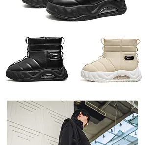 Botas de nieve impermeables de invierno en negro y beige mostradas con estilo de vida
