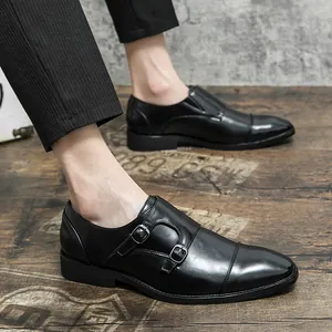 Classic black double monk strap leather dress shoes for men in a stylish British formal style