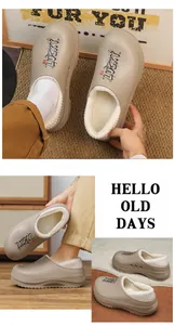 Close-up details of warm plush-lined winter clog slippers featuring 'LUCKY' print and thick soles