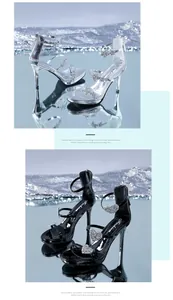 Detailed view of elegant rhinestone stiletto sandals in metallic silver and black colors.
