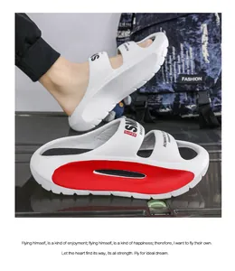 Close-up detail showing the side profile of white EVA slides with red accents and thick soles.