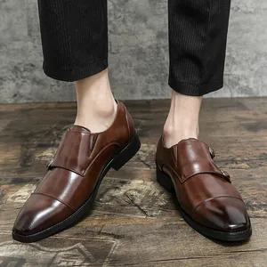 Elegant men's brown leather double monk strap shoes for formal business and casual wear.