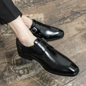 Elegant men's black square-toe monk strap leather shoes for business formal and casual wear.