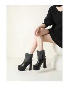 Detailed view of black platform ankle boots with grey fur cuff and chunky high heel