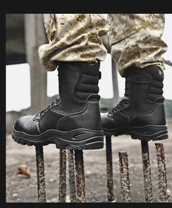 Botas tácticas de cuero genuino negro con suela de seguridad antiperforación exterior