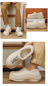 Detail view of warm cream fleece-lined platform clogs with stylish LUCKY graffiti print