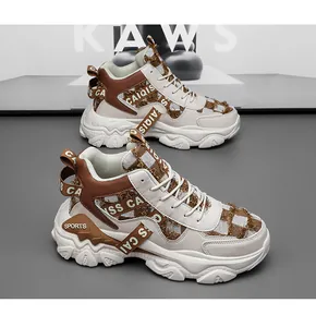High-top chunky sneakers for men featuring platform soles and distressed textures