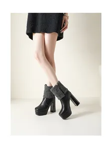 Macro detail of black platform chunky heel ankle boots featuring a cozy grey fur collar