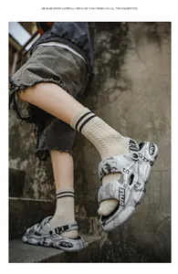 Detail view of men's sports sandals featuring camouflage pattern and thick anti-slip sole